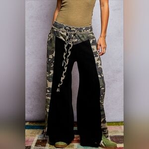 POL Camouflage and Black Wide-Leg Pants